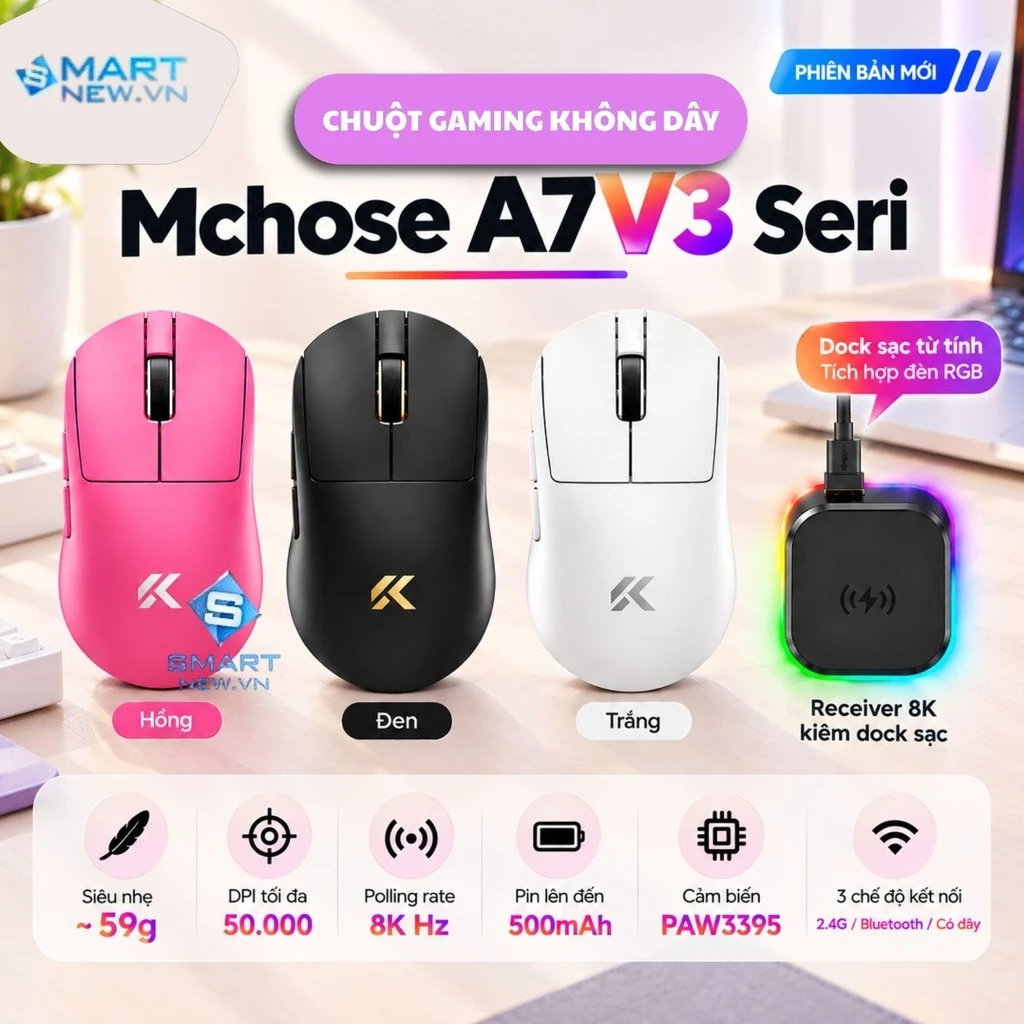 Chuột Gaming Không Dây MCHOSE A7 V3 – PAW3955 Ti, DPI 50.000, 3 Mode, Polling Rate 8KHz