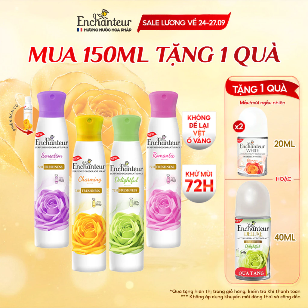 [PHIÊN BẢN MỚI] Xịt khử mùi Enchanteur khô thoáng 72 giờ, cảm giác tươi mát sảng khoái lâu dài 150ml