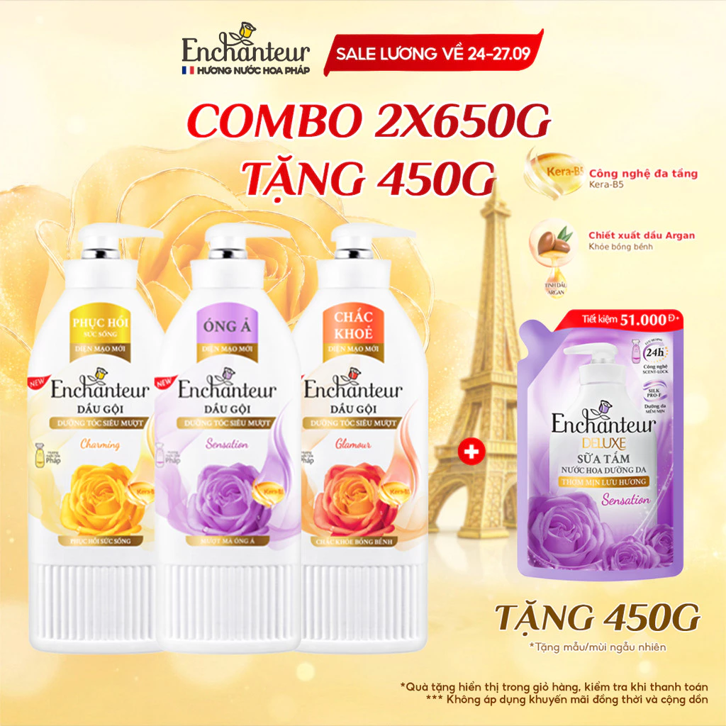 Combo 2 Dầu gội dưỡng tóc mượt thơm lâu ENCHANTEUR Charming Phục Hồi Sức Sống/Sensation Mượt Mà Óng Ả 650g/chai