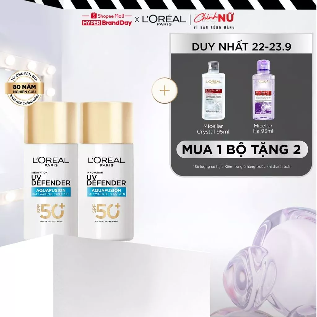Bộ đôi chống nắng phổ rộng water gel mỏng tan như nước, nhẹ mướt thoáng da UV Defender Aquafusion SPF 50+ PA++++
