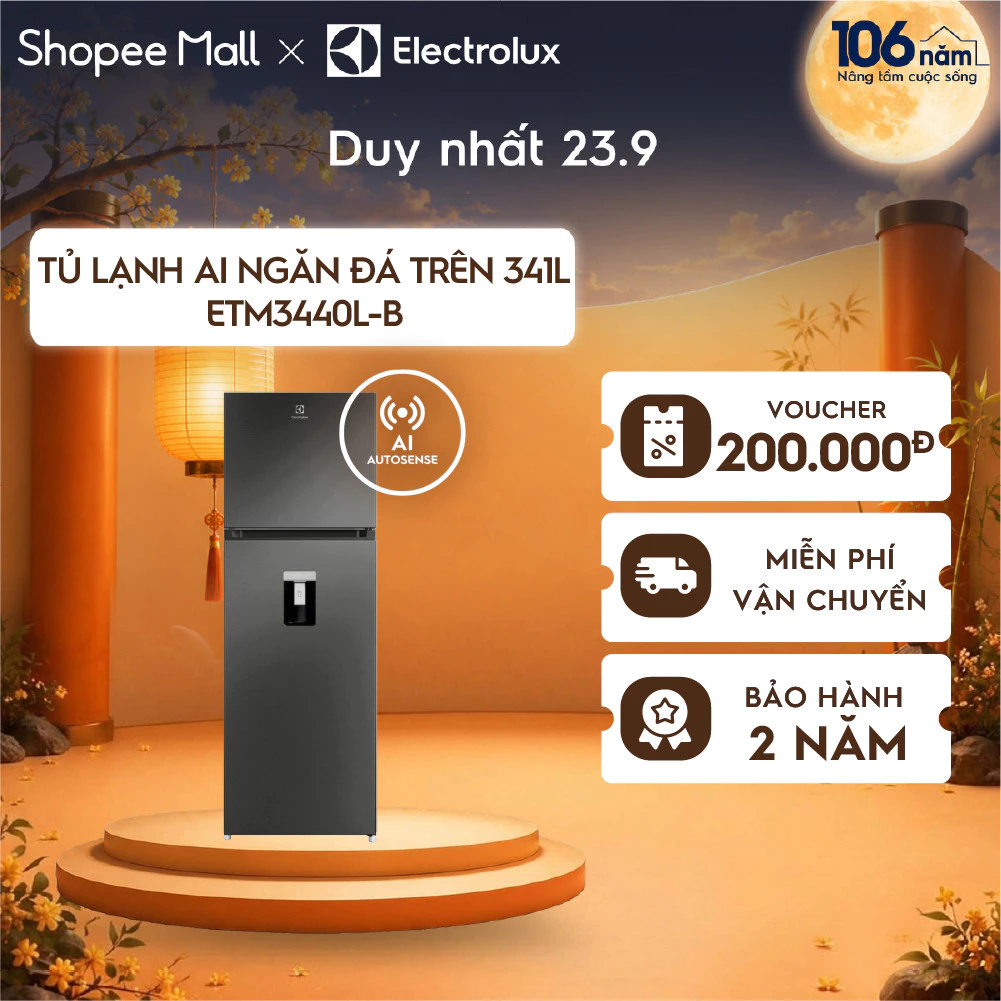 Free giao hàng - Tủ lạnh Electrolux AI ngăn đá trên 341L Series 700 ETM3440L-B - AI Autosense, Lấy nước ngoài,Extrachill