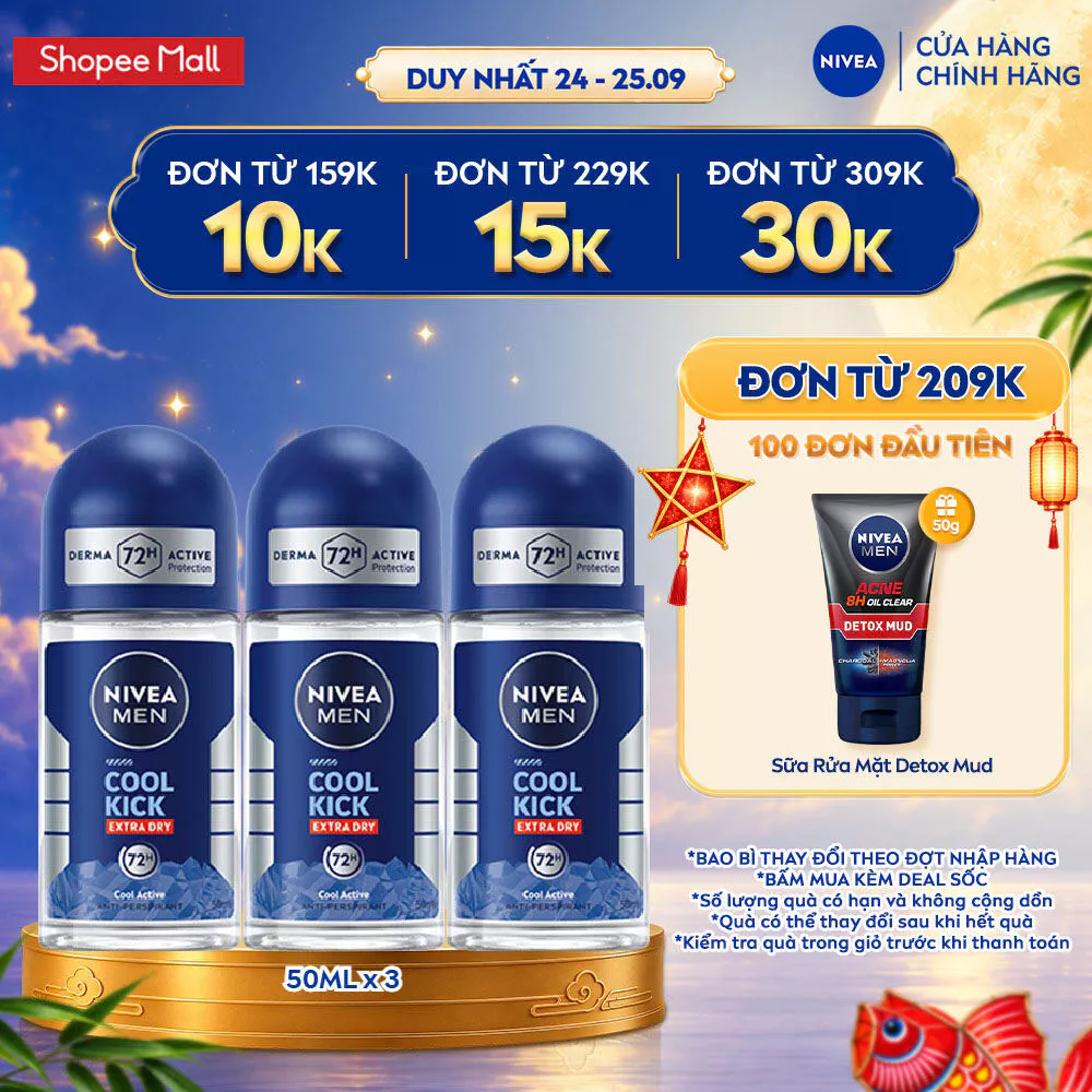 Combo 3 Lăn Khử Mùi Nam NIVEA MEN 50ml Ngăn Mồ Hôi, Khô Thoáng - Silver Protect/Cool Kick/Dry Impact