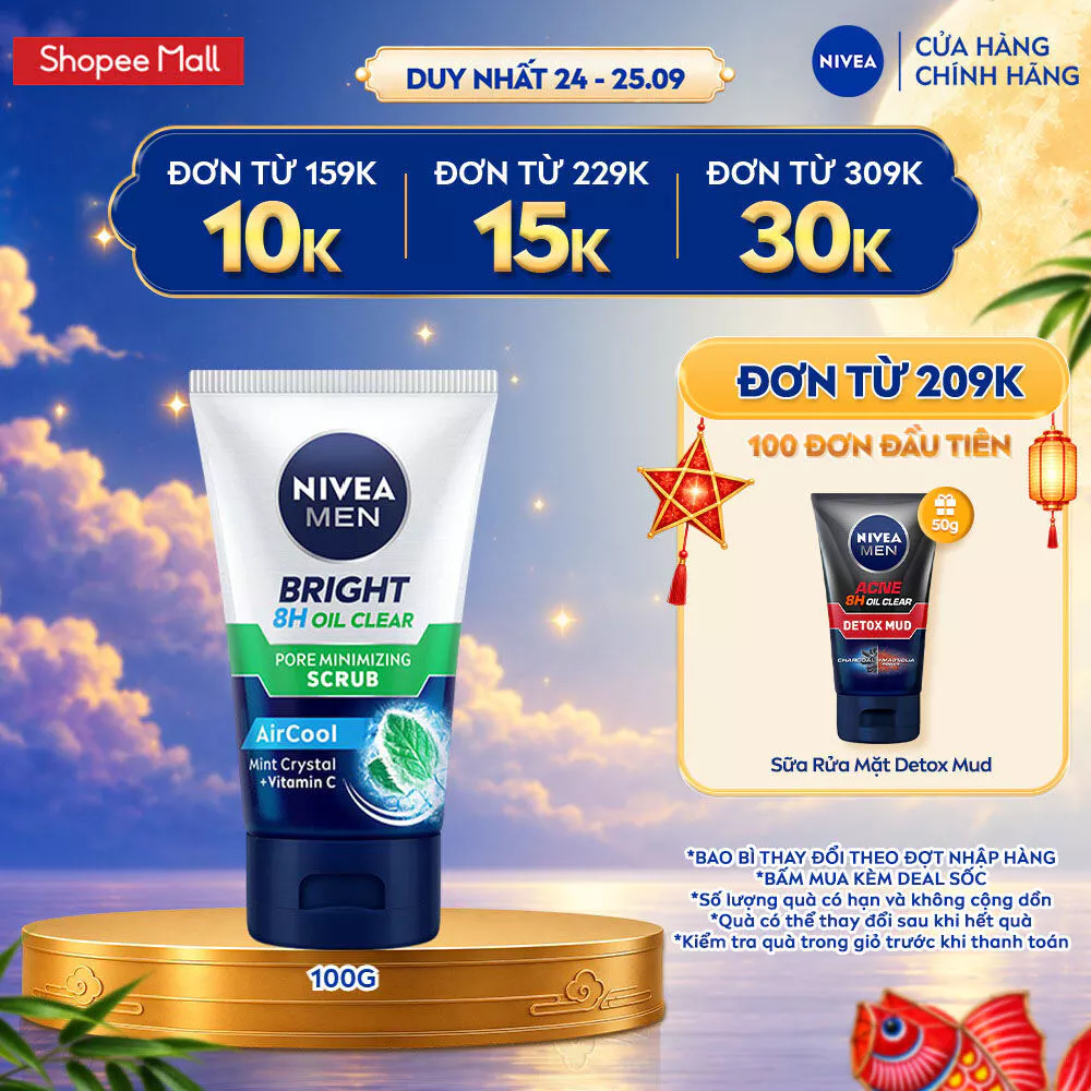 Sữa Rửa Mặt NIVEA MEN Bright Oil Clear Scrub Kiểm Soát Nhờn | Chứa Hạt Mát xa 100ml / Sữa Rửa Mặt Nam / Da Dầu - 88880