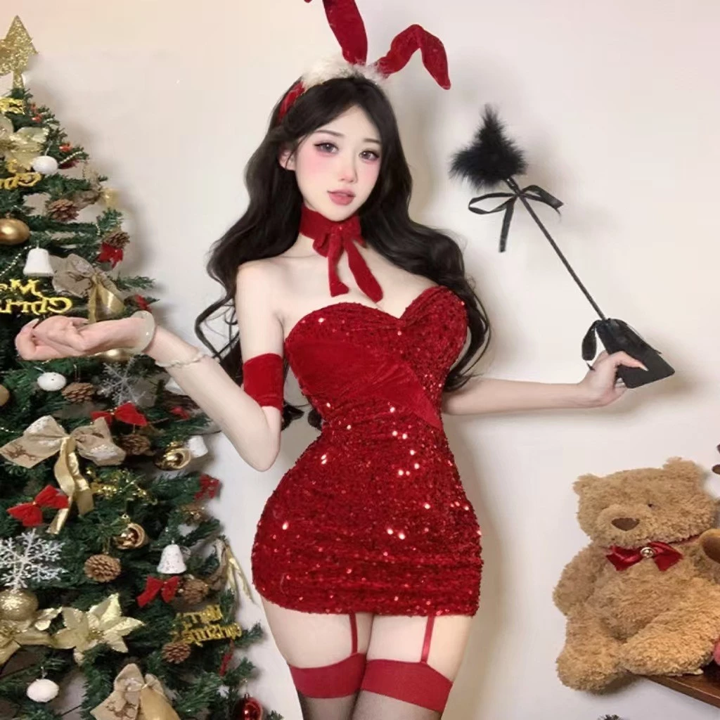 Bộ Đồ Ngủ Giáng Sinh Thỏ Dễ Thương từ Nhung Sáng Bóng, Gợi Cảm cho Cô Gái