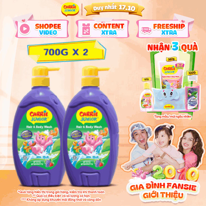 Combo 2 Sữa Tắm Gội cho bé Carrie Junior Hương trái cây thiên nhiên Grapeberry (700g x 2)