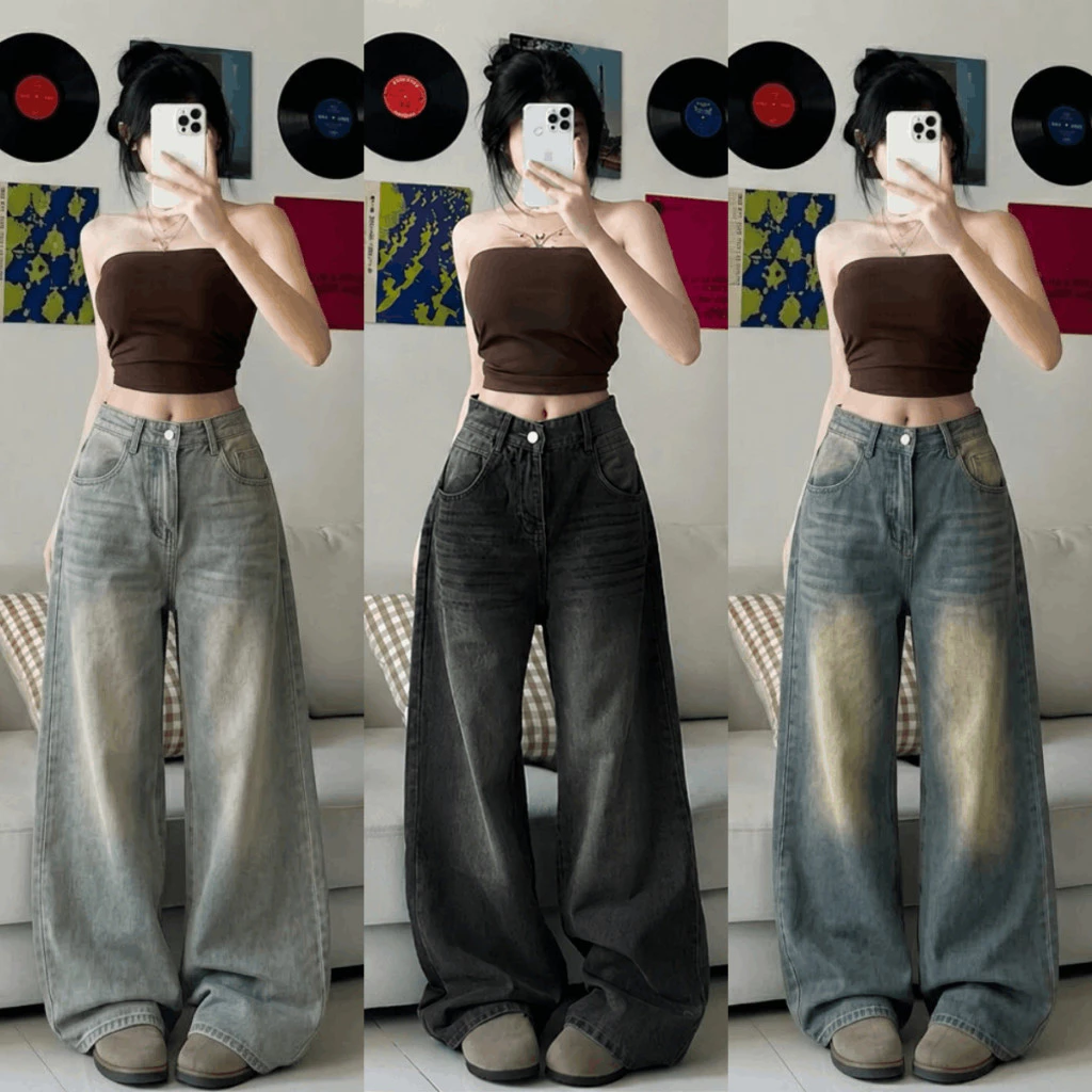 Quần Jean Xám Đen Wash Retro Suông Ống Rộng 28CM MIAA Lưng Cao Quần Jean Denim Mềm Form Rộng Dáng Dài Unisex