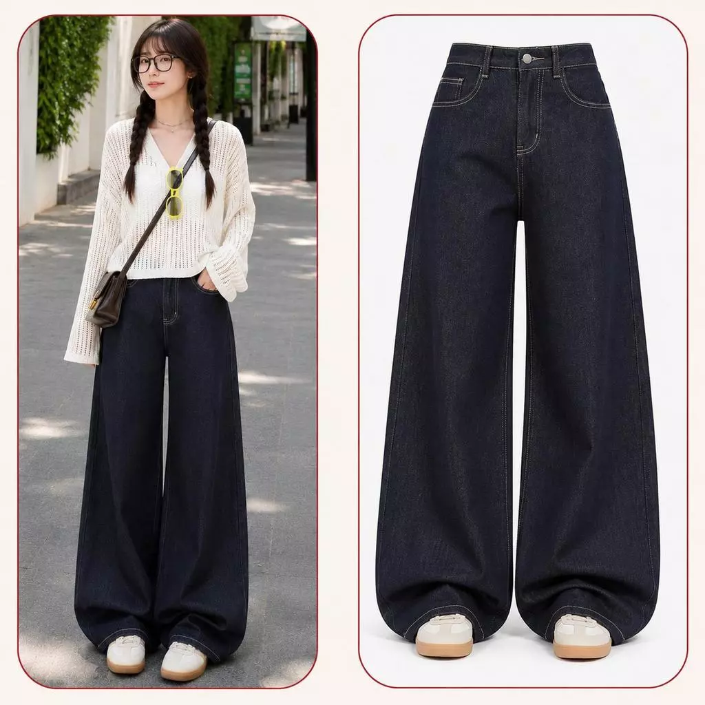 [Ống 30cm]Quần jeans nữ ống suông màu xanh than cạp cao ống rộng quần bò nữ chất vải QC loại 1 phong cách hàn quốc