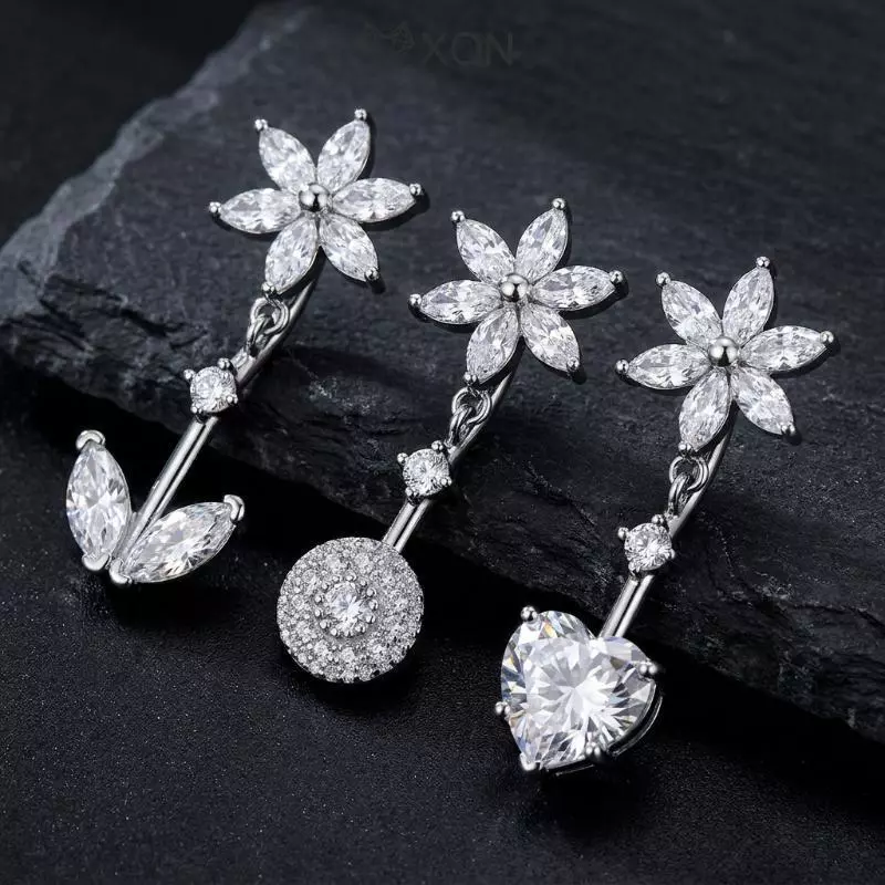 [XON] Nhẫn buộc bụng bằng thép không gỉ không gây dị ứng Vòng hoa sáng bóng Trái tim Dangle Trang sức rốn không gây kích ứng cho quà tặng bé gái tuổi Teen [Mina]