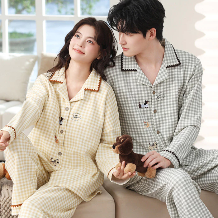 Cặp Đôi Bộ Đồ Ngủ Bộ Đồ Ngủ Nam Nữ Thu Đông Tay Dài Đồ Ngủ Người Phụ Nữ Lưới Sọc Hoạt Hình Rời Mặc Ở Nhà