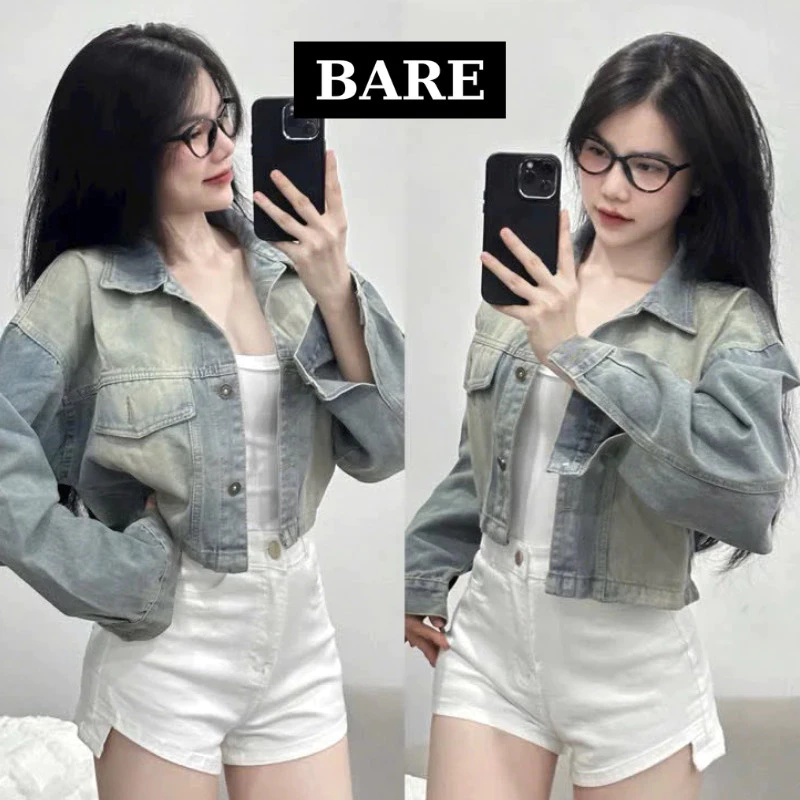 BARE_Áo khoác jean croptop nữ, áo chống nắng nữ freesize form ngắn phối túi lật màu loang phong cách cá tính- AK016