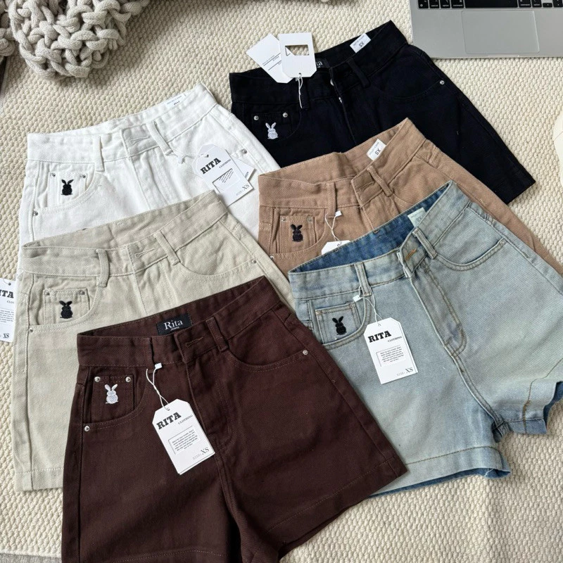 RITA JEAN- 2026 Quần short nữ lưng cạp cao thêu thỏ vải Kaki Jean Mềm Không Co Giãn Đứng From Tôn Dáng