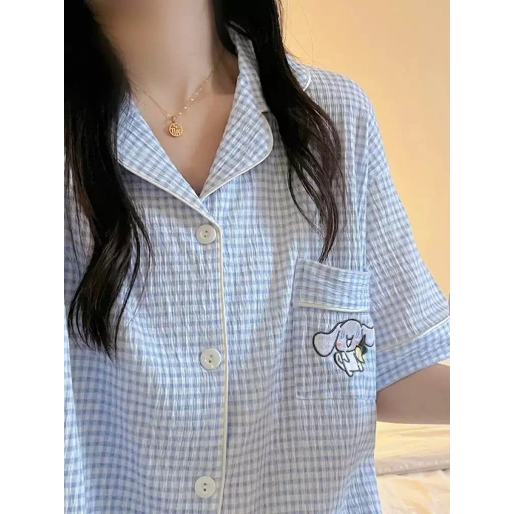Bộ đồ ngủ nữ ngắn tay kẻ caro xanh thêu hình dễ thương vải cotton mát mẻ mùa hè ✨Chiosala30.vn✨
