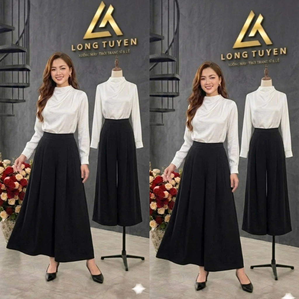Quần ống rộng nữ dáng dài lưng thun họa tiết Thời Trang [QVB]