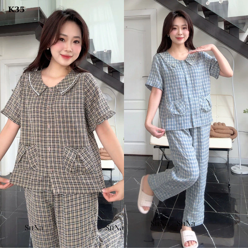 Bộ Đồ Mặc Nhà Nữ - Pijama SUNA Dáng Dài Áo Cổ Viền Bèo , Vải Mềm Mịn Thoải Mái- K35