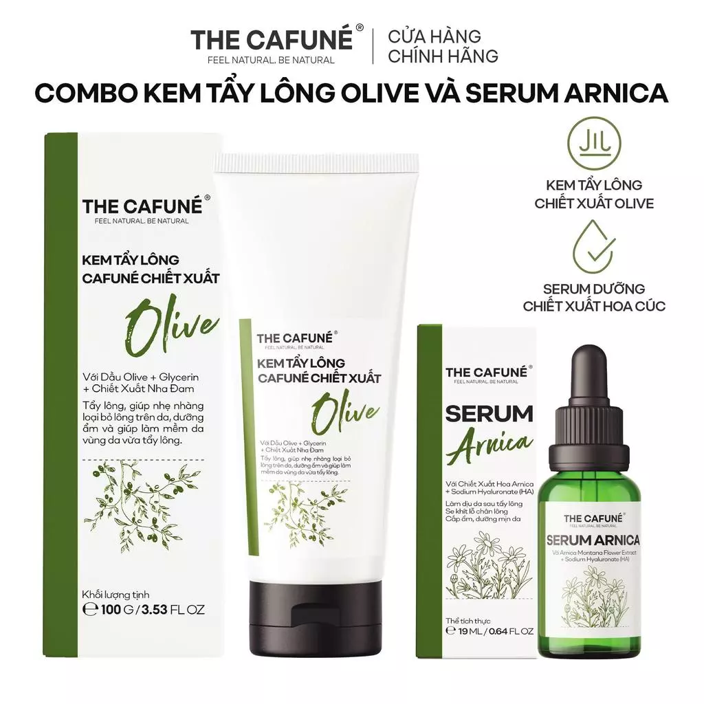 [COMBO GIẢM 26%] Combo Kem Tẩy Lông Cafuné Chiết Xuất Olive 100g Và Serum Dưỡng Da Sau Tẩy Arnica 19ml
