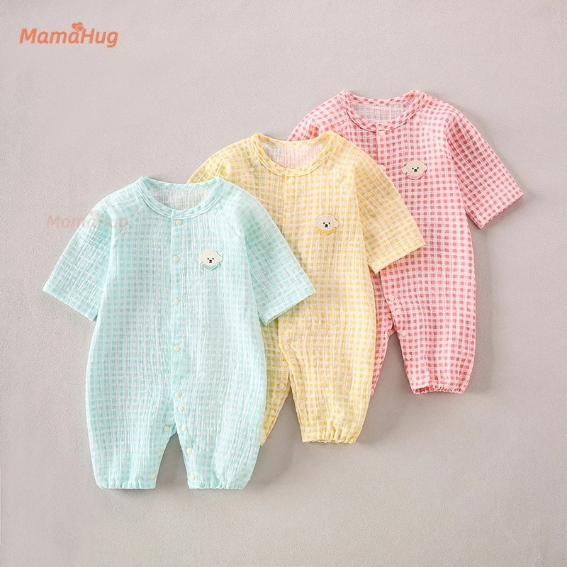 Áo liền quần kẻ sọc cho bé Xuân Hè Cotton nguyên chất dài tay mỏng Sơ sinh Bộ áo liền quần gạc đôi Bộ đồ liền thân cho trẻ sơ sinh Quần áo tập đi Mềm mại thoáng khí Một mảnh Bộ đồ ngủ Đồ ngủ