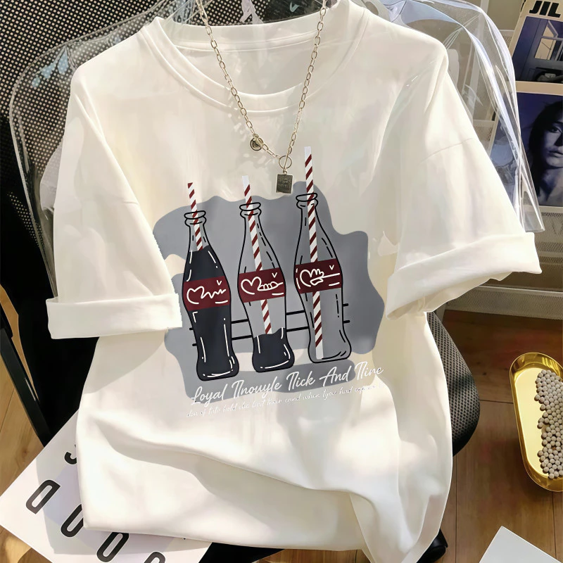 Áo Thun Nữ Màu Trắng In Hình Chai Coca Vintage, Phong Cách Casual Thời Trang, Chất Cotton Mềm Mại, Form Rộng.