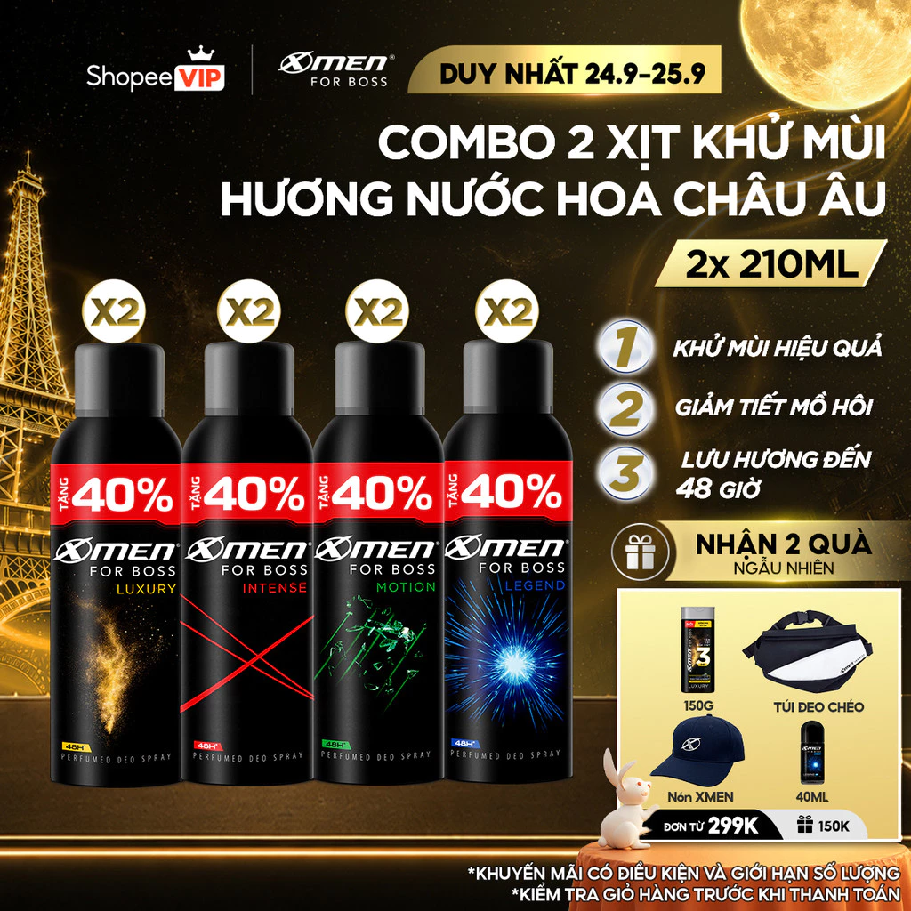 [SVIP] [Tặng thêm 40% ] Combo 2 Xịt khử mùi X-Men For Boss 210ml/chai Hương Nước Hoa Châu Âu, Khô Thoáng Lưu Hương 48H