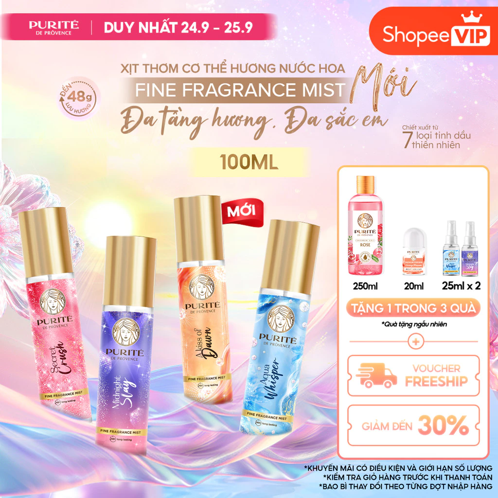 [VOUCHER SVIP 20%] [MỚI] Xịt Thơm Body Mist Purité Hương Nước Hoa Cao Cấp 100ML - Lưu Hương 48H - CO GWP