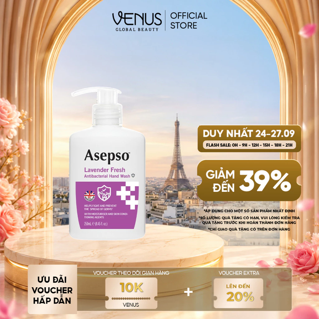 Nước Rửa Tay Kháng Khuẩn ASEPSO Hương Lavender 250ml - Dịu Nhẹ, Giữ Ẩm Không Khô Da
