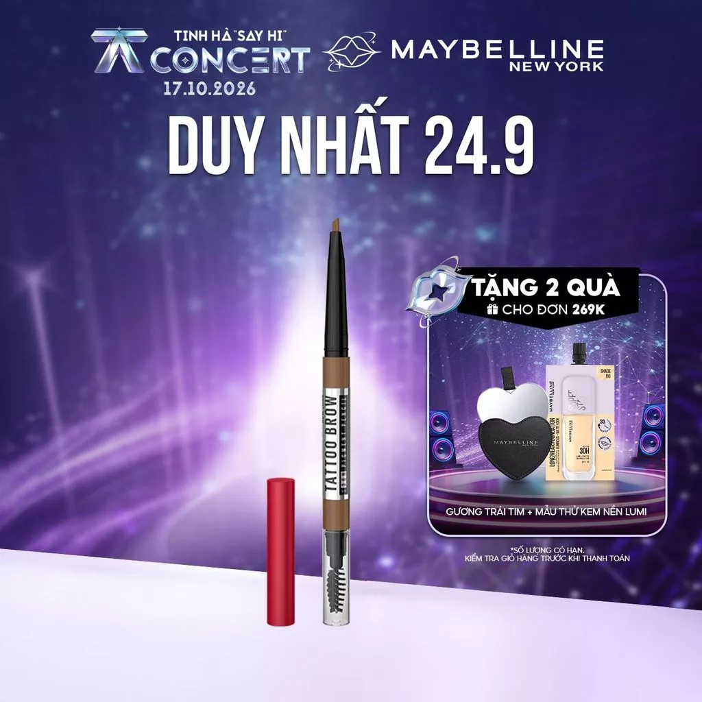 Chì Kẻ Mày 36H Lâu Trôi, Kháng Nước, Dễ Kẻ, Chuẩn Màu Tattoo Brow Maybelline New York Pigmented Pencil 0.25g