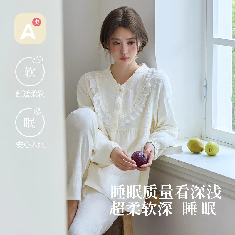 Bộ Đồ Ngủ Nữ Cotton Gạc 2 Lớp Tay Dài Viền Ren Mặc Nhà Mùa Xuân Thu Vải Mềm Thoáng Khí Form Rộng Thoải Mái