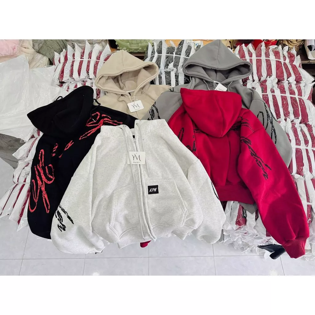 Áo Khoác Nỉ Boxy Lửng KPN Form Rộng Khóa Kéo Có Mũ Tay In Cá Tính Phong Cách Hàn Quốc Unisex LANO STORE