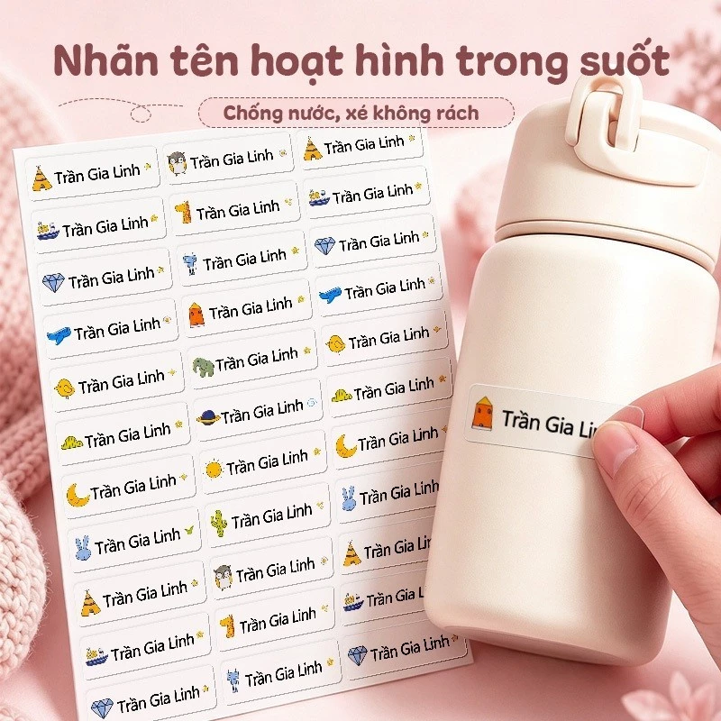 Nhãn Tên Bé Sticker Chống Nước In Tên Theo Yêu Cầu Dán Đồ Dùng Học Tập Và Bình Nước