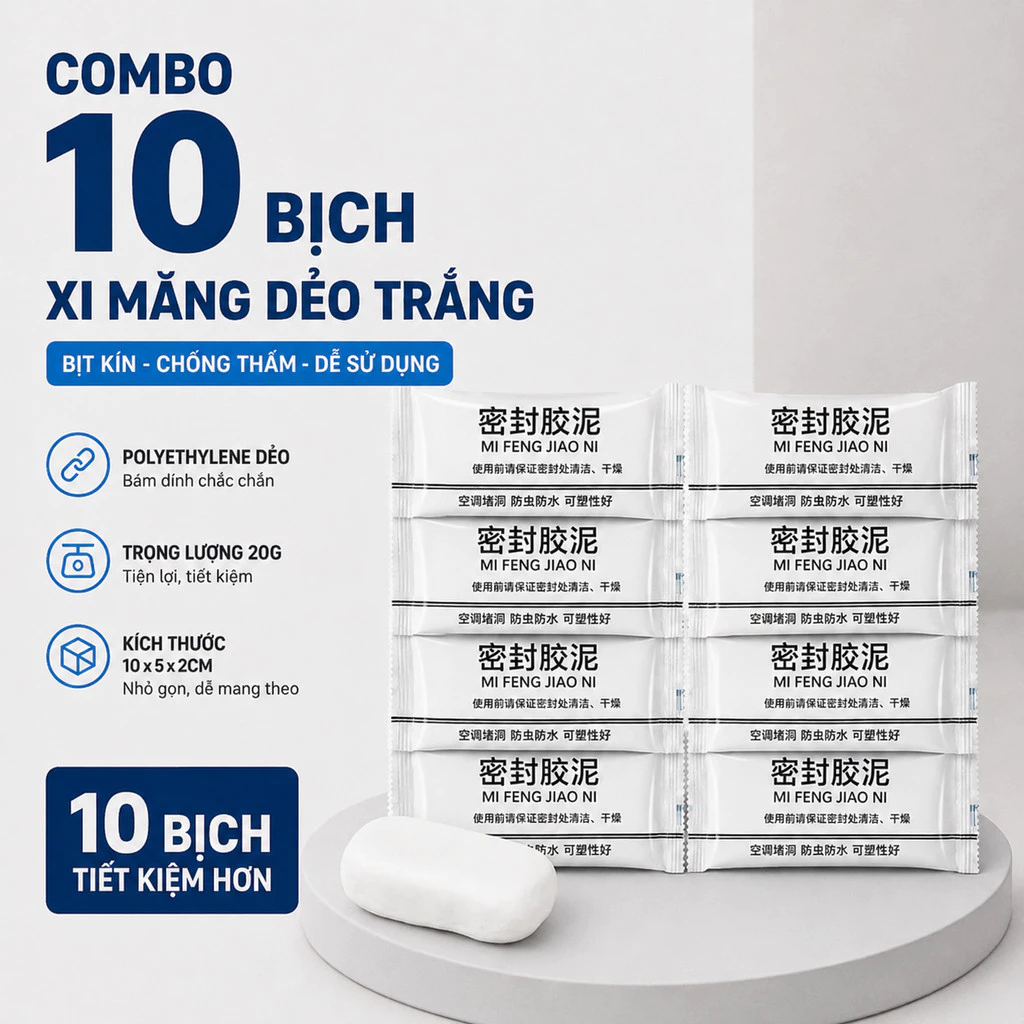 Combo 10 Bịch Xi Măng Dẻo Trắng 20g, Keo Trám Khe Chống Thấm Lỗ Điều Hòa Đường Ống Và Khe Tường