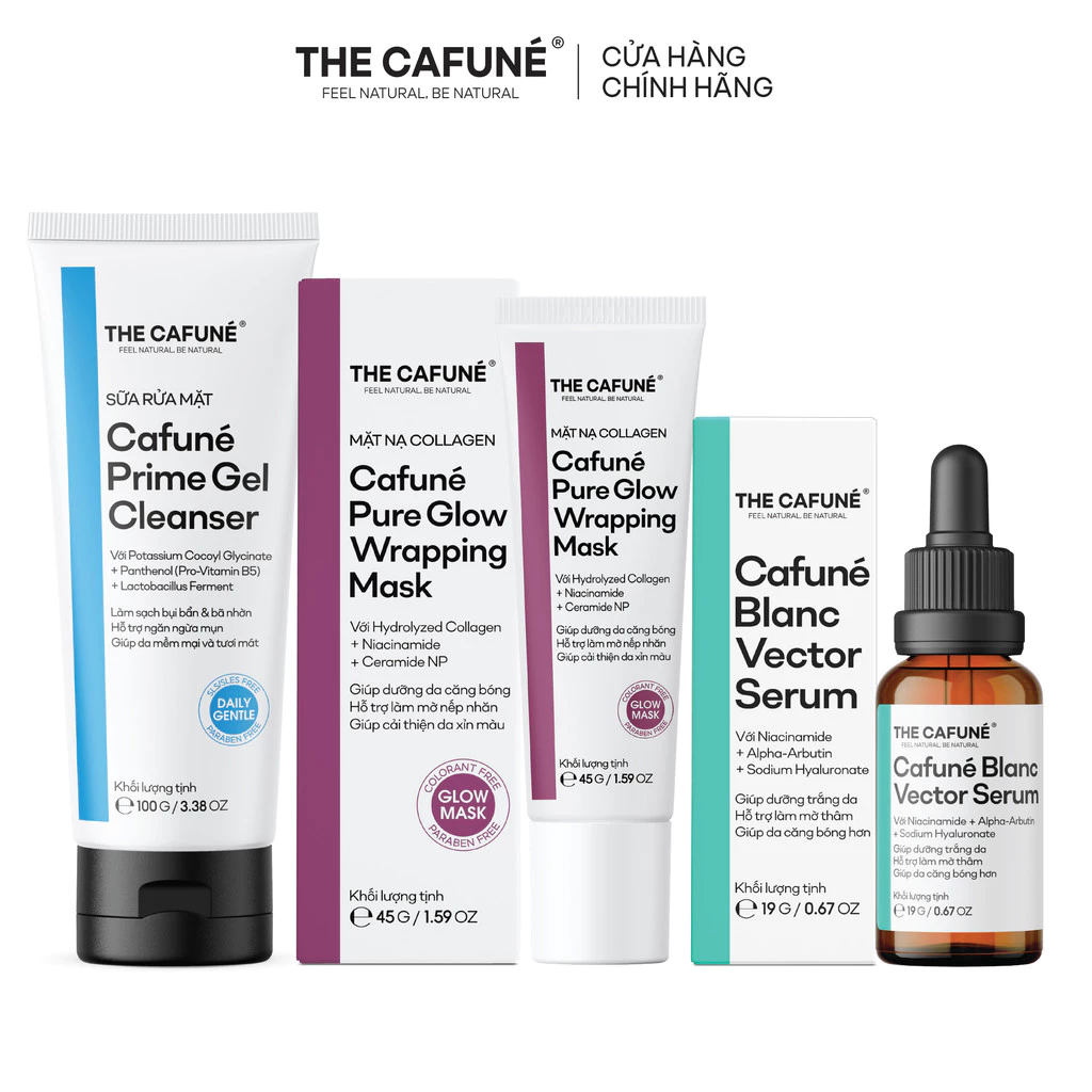 [COMBO GIẢM 39%] Combo 3 Bước Dưỡng Trắng Cafuné: Sữa Rửa Mặt Prime + Mặt Nạ Lột Collagen + Serum Trắng Blanc Vector