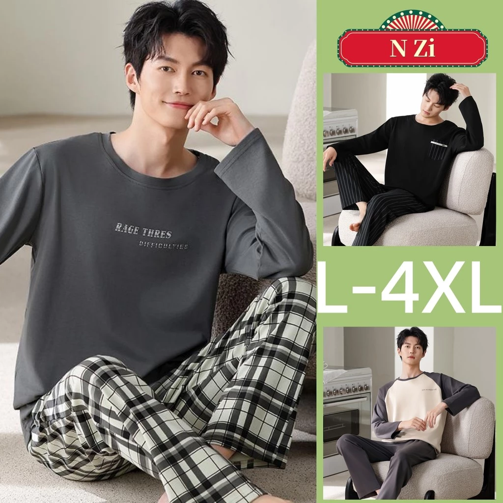 Bộ Đồ Ngủ Nam Cotton Plus Kích Thước Bộ Đồ Ngủ Thu Đông Tay Dài Đồ Ngủ Người Rời Mặc Nhà L-4XL