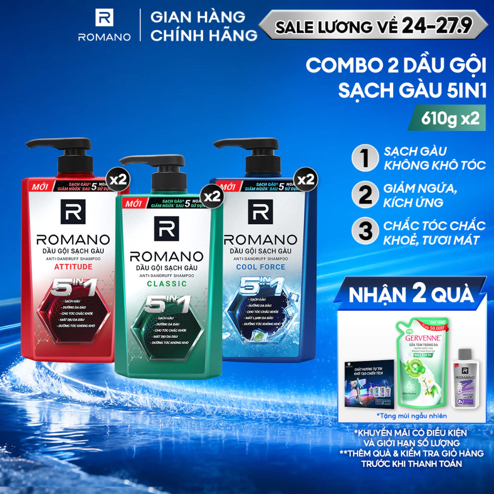Combo 2 Dầu gội nam sạch gàu 5in1 Romano hương nước hoa Classic/ Force/ Attitude 610g