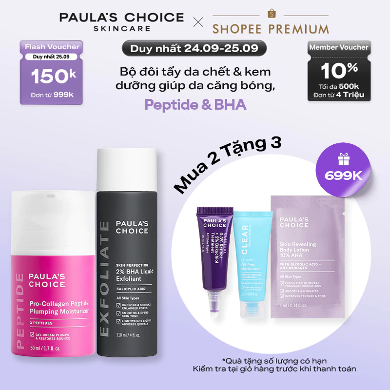 Bộ đôi làm sạch và tái tạo da Paula's Choice Pro-collagen Peptide và 2% BHA liquid 1510-2010