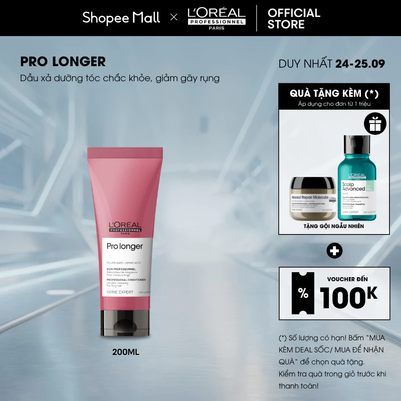 Dầu xả dưỡng tóc dài mềm mượt, giảm gãy rụng, chẻ ngọn chuyên nghiệp Pro Longer 200ml - Dành cho tóc dài, dễ đứt gãy, ch