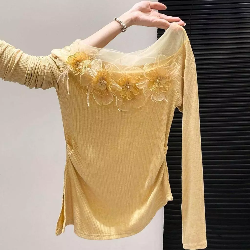 Phụ Nữ Xuân Thu Đa Năng Nhẹ Nhàng Tắt Vai Ren Hoa Dài Tay Thanh Lịch Áo Top