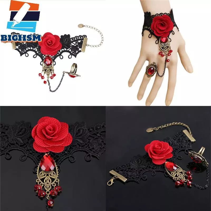 [BIGHSM] Vòng tay hoa hồng ren đỏ phong cách Gothic thanh lịch mới hấp dẫn với nhẫn đeo tay có thể điều chỉnh