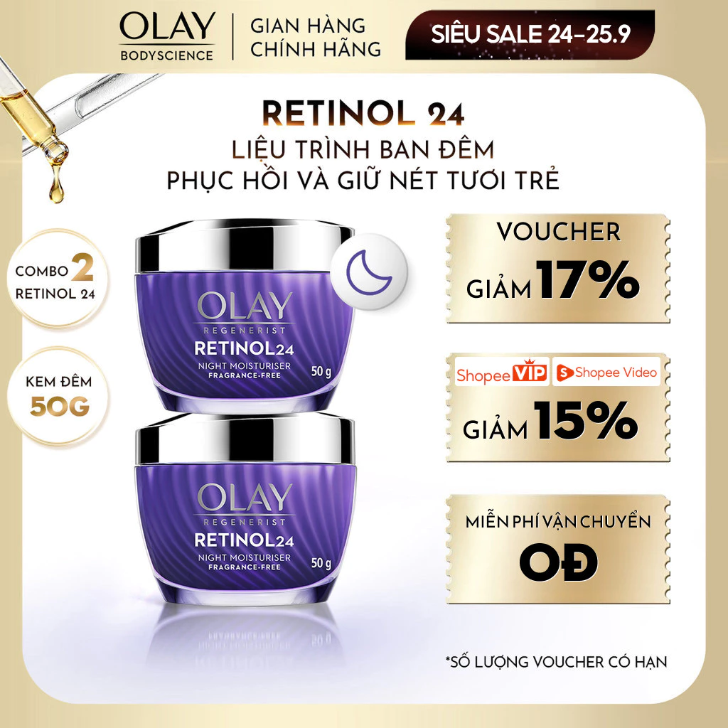 [LIVE] Combo 2 Kem Dưỡng OLAY Retinol 24 Ban Đêm Tái Tạo Da Chống Lão Hóa Toàn Diện 50g