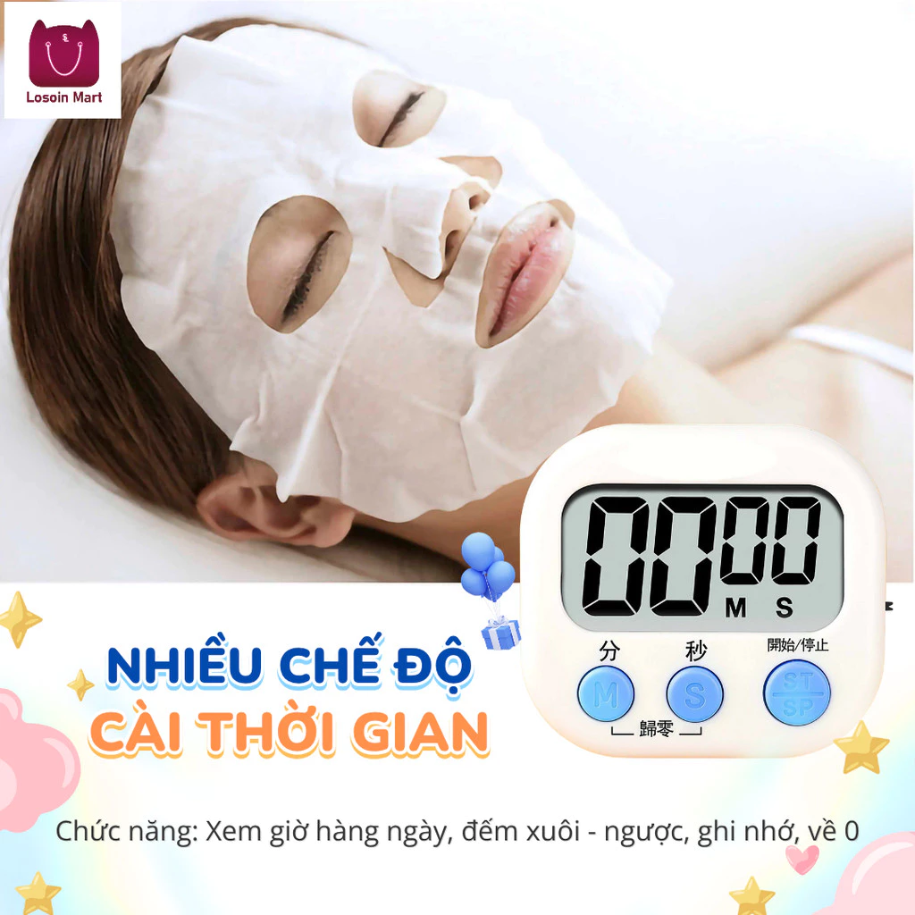 Đồng hồ kỹ thuật số, hẹn giờ để bàn, hiển thị chính xác, dùng trong khi nấu ăn và quản lý thời gian.