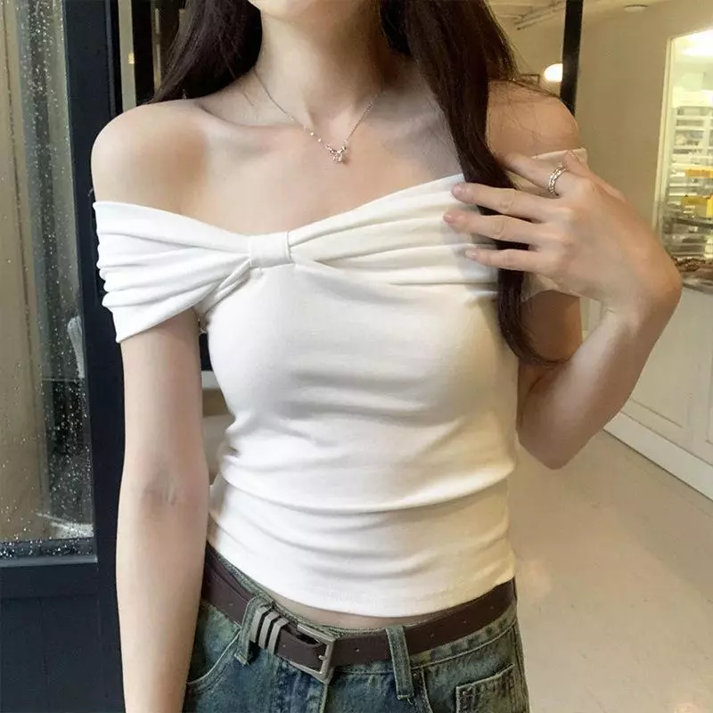 Phụ Nữ Mùa Hè Tắt Vai Nơ Ruched Off Vai Crop Tay Ngắn Áo Top
