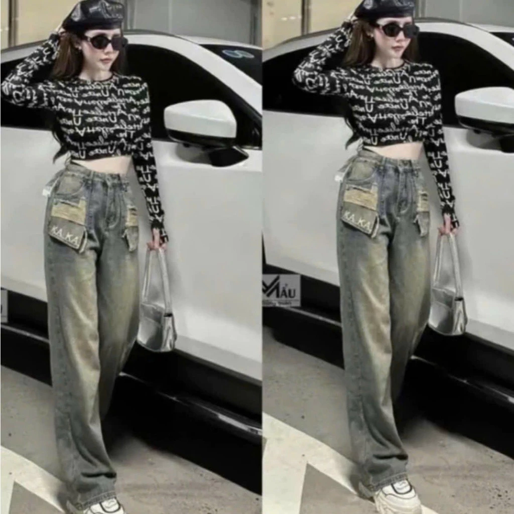 Quần bò jeans ống rộng nữ thêu Kaka cạp cao dáng suông phong cách Hàn Quốc
