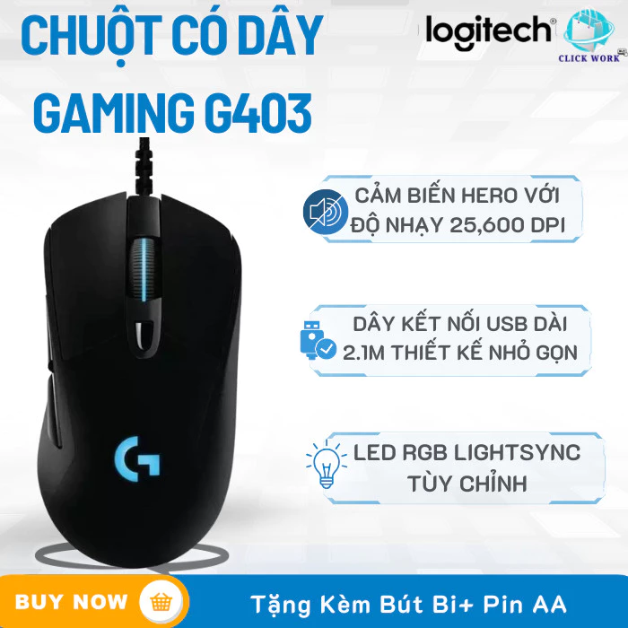 Chuột Có Dây Gaming Logggitech G403 HERO – Cảm Biến Chuẩn Xác ,LED RGB LIGHTSYNC Tùy chỉnh dây 2.1m