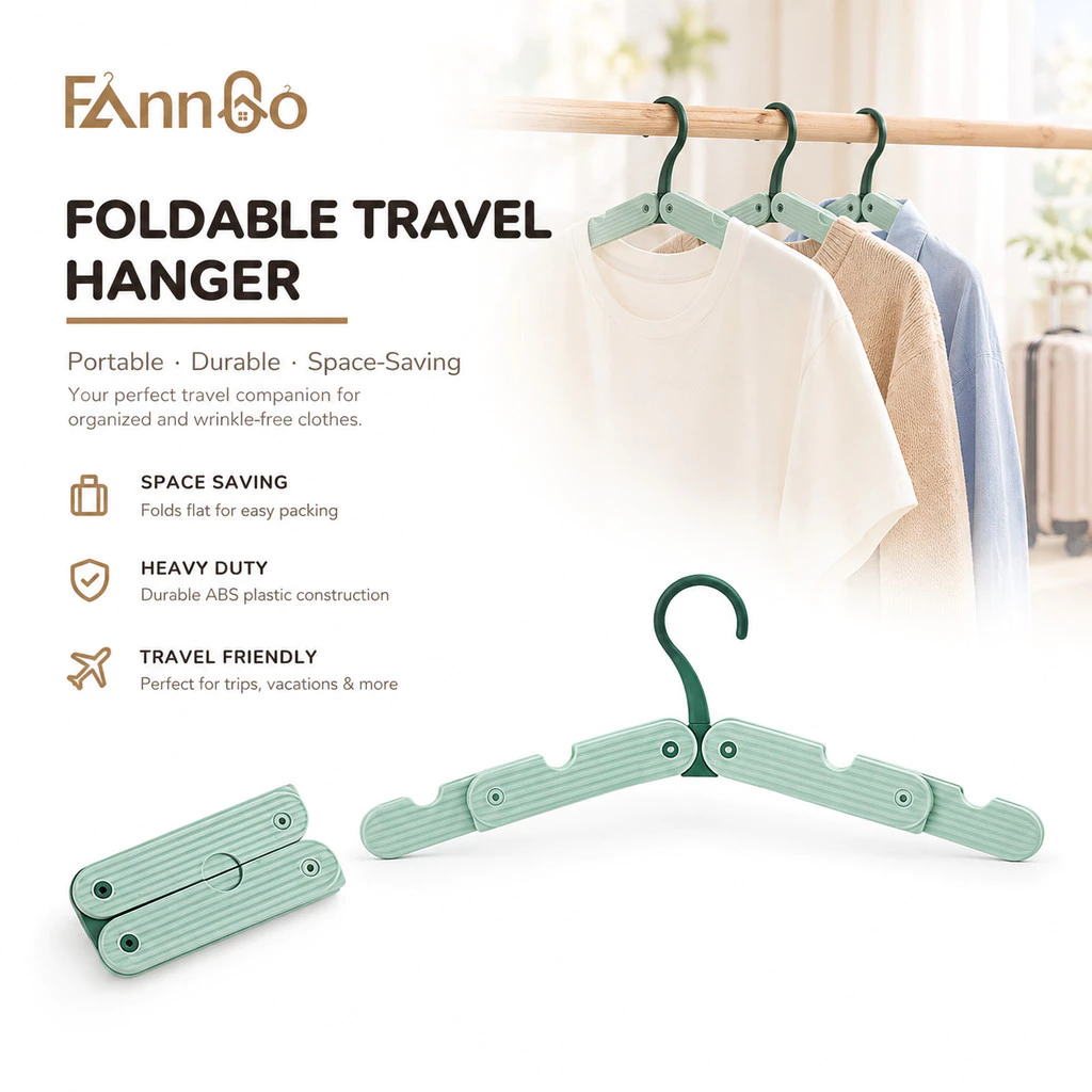 Móc treo du lịch có thể gập lại FannGo (1 Cái / Gói 3 Cái) | Nhựa ABS màu xanh lá cây có thể mở rộng 10-15 Inch, tiết kiệm không gian hạng nặng cho chuyến đi công tác & du lịch