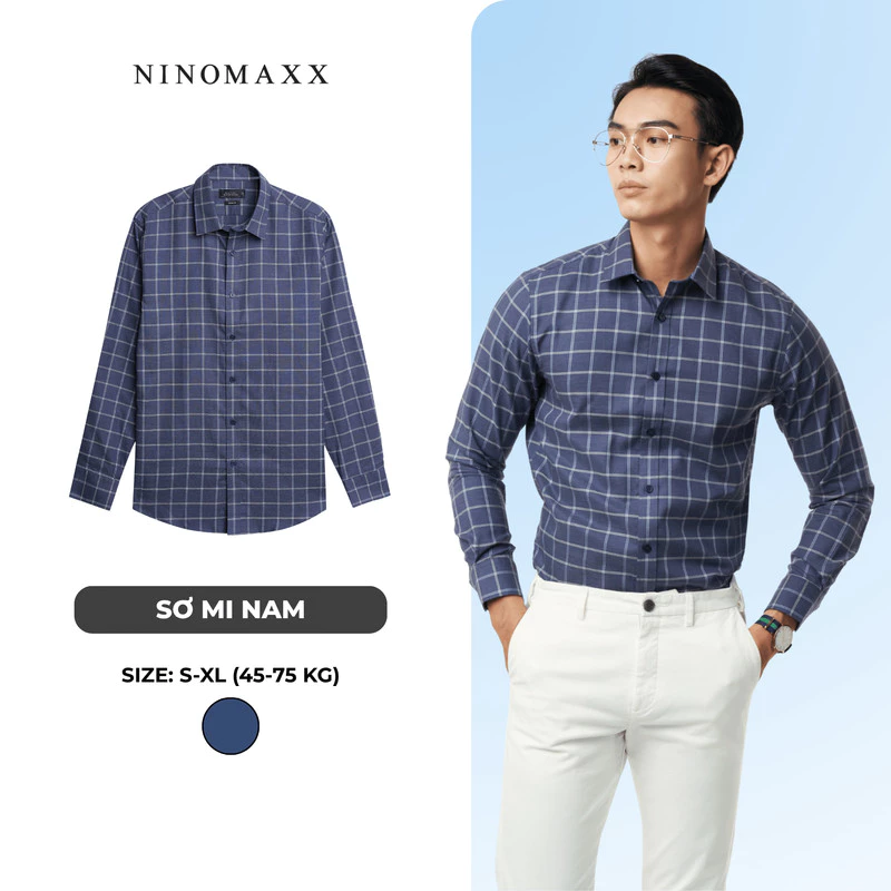 Áo Sơ Mi Nam Dài Tay NINOMAXX Xanh Caro Chất Melange Cotton Chống Nhăn Tôn Dáng Lịch Lãm 2110030