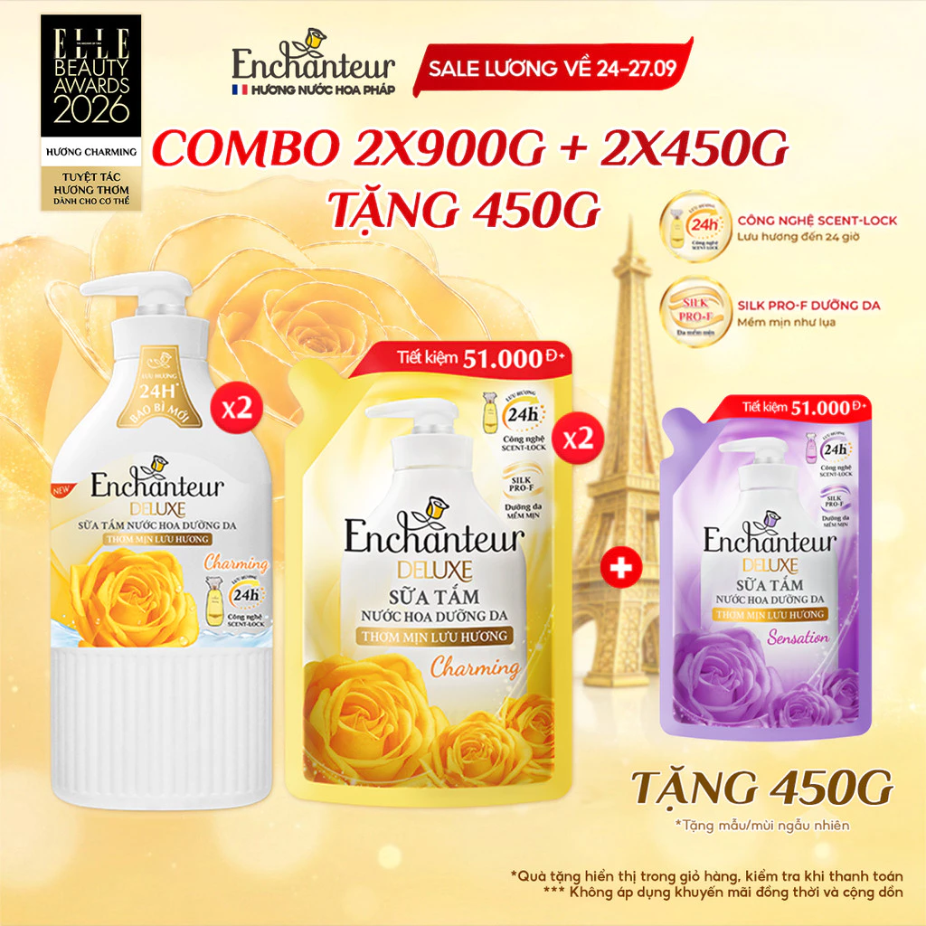 [Tặng 450gx2 - quà không hiện giỏ] Combo 2 chai sữa tắm hương nước hoa Pháp Enchanteur Deluxe 900g (Tặng mùi ngẫu nhiên)