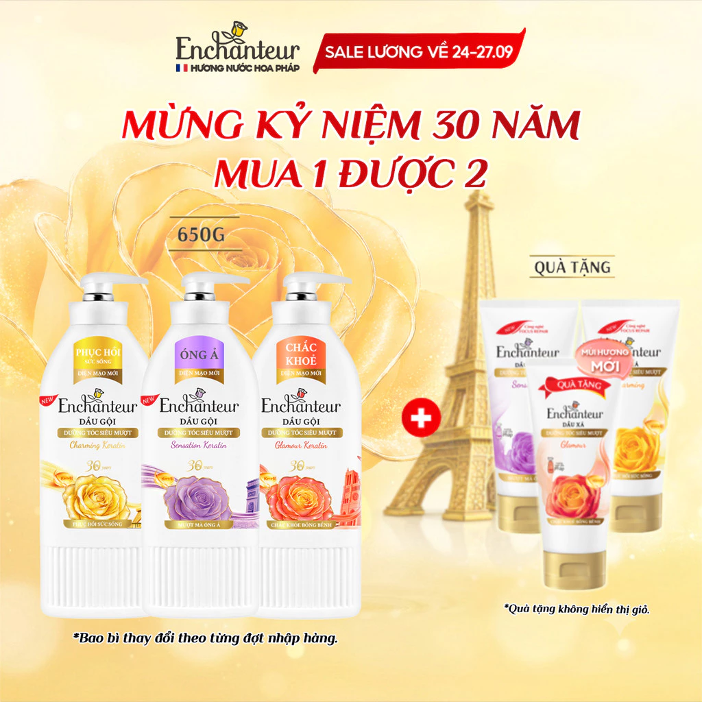 [KỶ NIỆM 30 NĂM - TẶNG XẢ 300G] Dầu Gội Enchanteur 650g Hương Nước Hoa Keratin,Dầu Hạnh Nhân,B5 x2 Phục Hồi Hư Tổn,Óng Ả