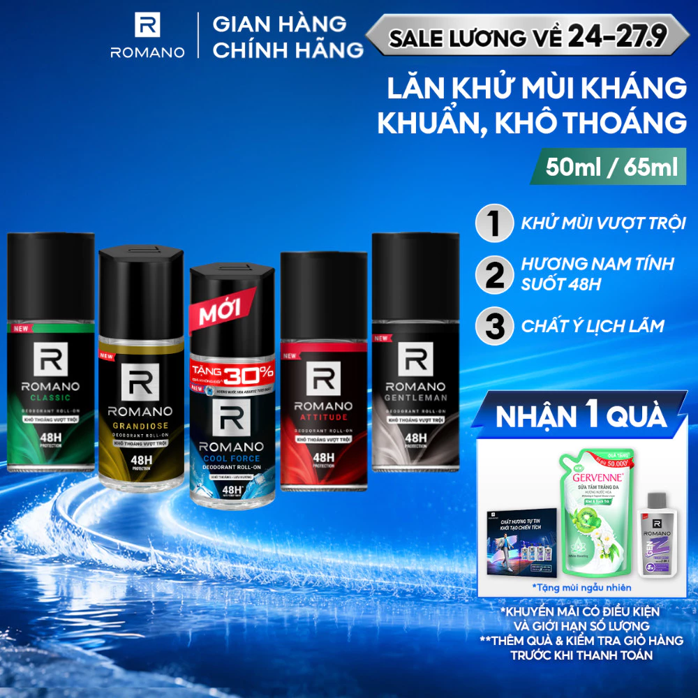 Lăn khử mùi Romano Khử mùi vượt trội, Hương nam tính suốt 48H 50ml / 65ml