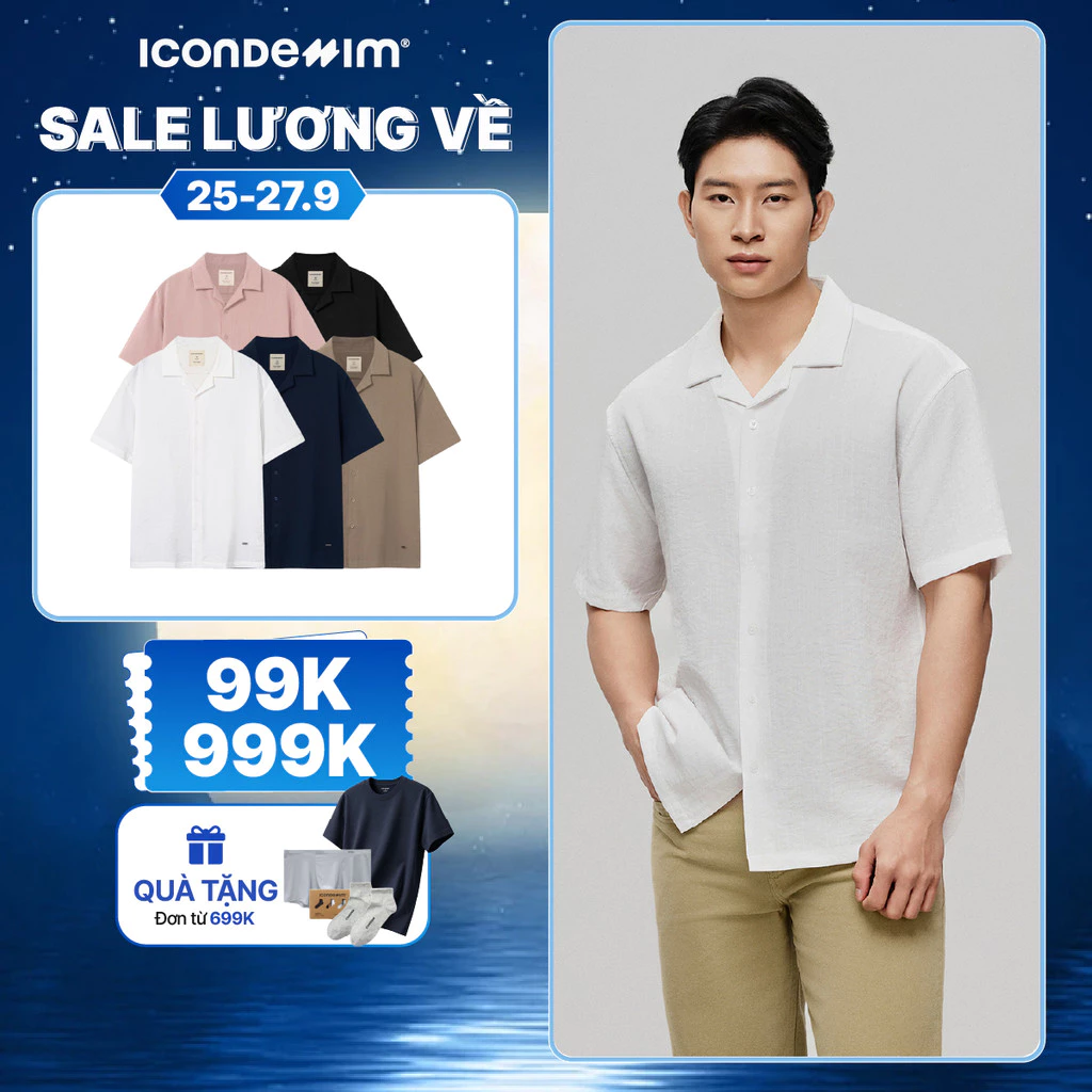 Áo Sơ Mi Cuban Linen Nam ICONDENIM Tay Ngắn Natural Voyager Form Relaxed SMID0288
