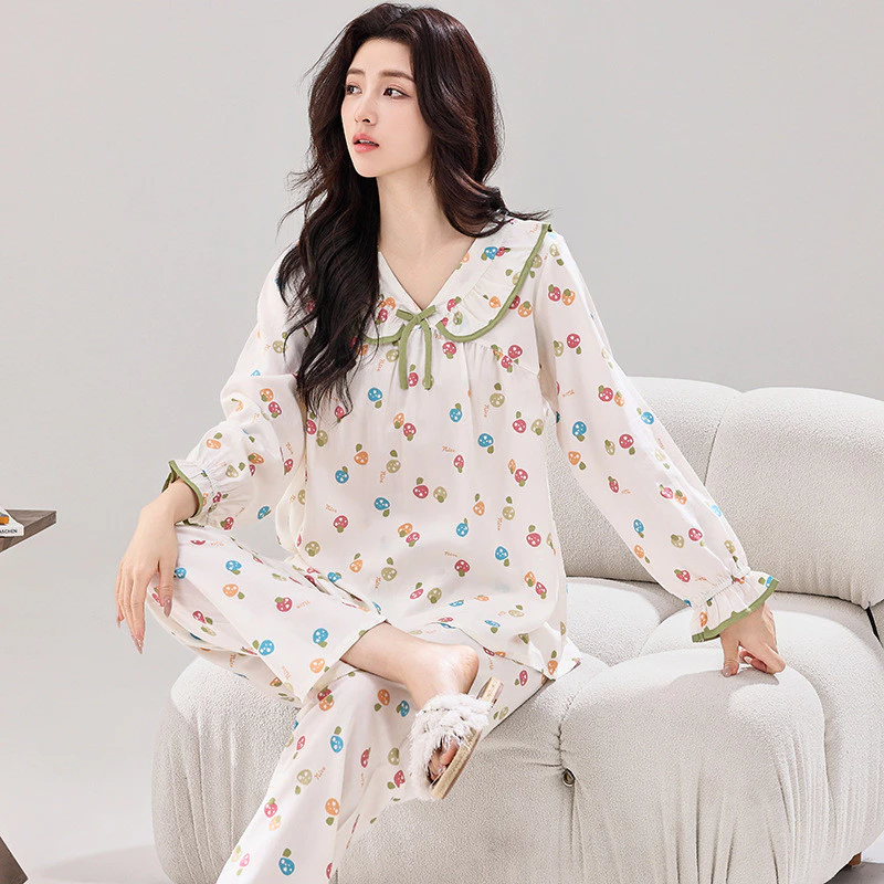 Bộ Đồ Ngủ Nữ Cotton Lụa Mùa Hè Ánh Sáng Thoải Mái Có Thể Thở Tốt Quần Dài Tay Bộ Đồ Ngủ Bộ 2 Món Có Thể We