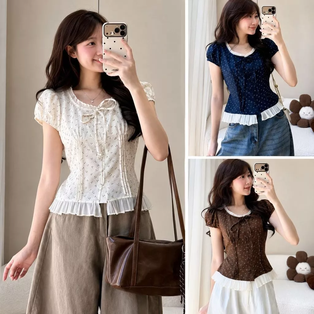 Áo Nữ Tay Ngắn Cổ Vuông Phối Bèo Đính Nơ Form Chiết Eo Hoa Nhí Dễ Thương Dáng Áo Kiểu Tiểu Thư Vintage Hàn Quốc Cao Cấp
