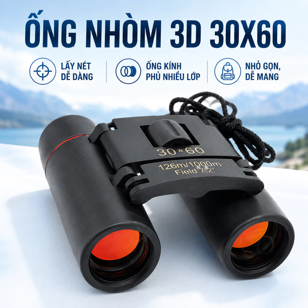 Ống Nhòm Đôi 30x60 Phóng Đại 10X, Vật Kính 22mm Góc Nhìn 7.2°, Chỉnh Lấy Nét Kèm Túi Dây Đeo